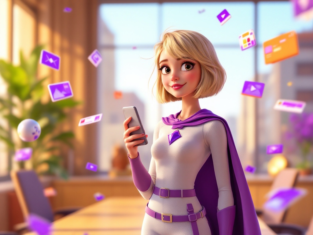 Young executive dressed as a superhero with white bodysuit and a purple cape, holding a cell phone with social media icons swirling around her head.