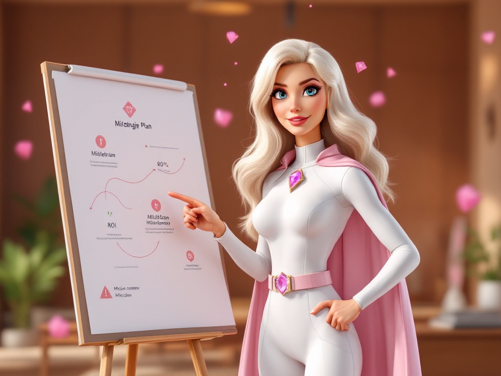 Executive dressed as a superhero with white bodysuit and a pink cape, pointing to a revenue chart.