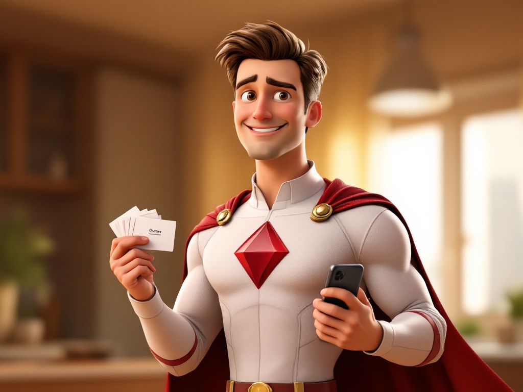 Male sales executive dressed as a superhero with white bodysuit and red cape, holding a cell phone and a large stack of business cards.