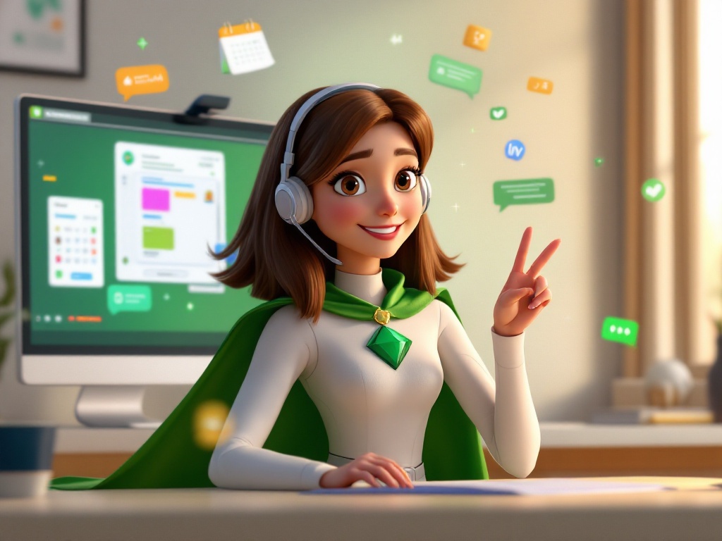 Young executive dressed as a superhero with white bodysuit, green cape and white headphones. Event related items swirl around her head as she presents a friendly peace sign.